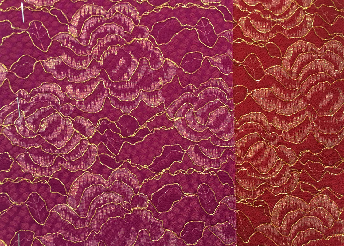 Red Golden Embroidery Sequin Lingerie Lace Fabric For Wedding Dress , Decoration Lace Fabric